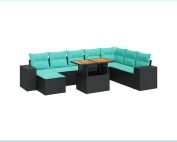 9-piece black poly rattan outdoor sofa set with blue cushions on a patio.