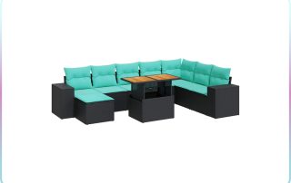 9-piece black poly rattan outdoor sofa set with blue cushions on a patio.