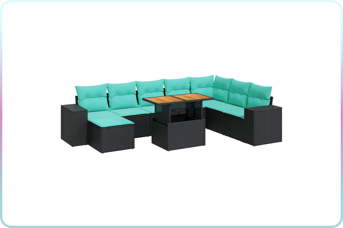 9-piece black poly rattan outdoor sofa set with blue cushions on a patio.