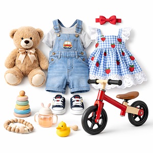 Premium style baby and kids outfits featuring a high-quality denim overall set, an elegant gingham dress, and luxury children’s accessories on a clean white background.