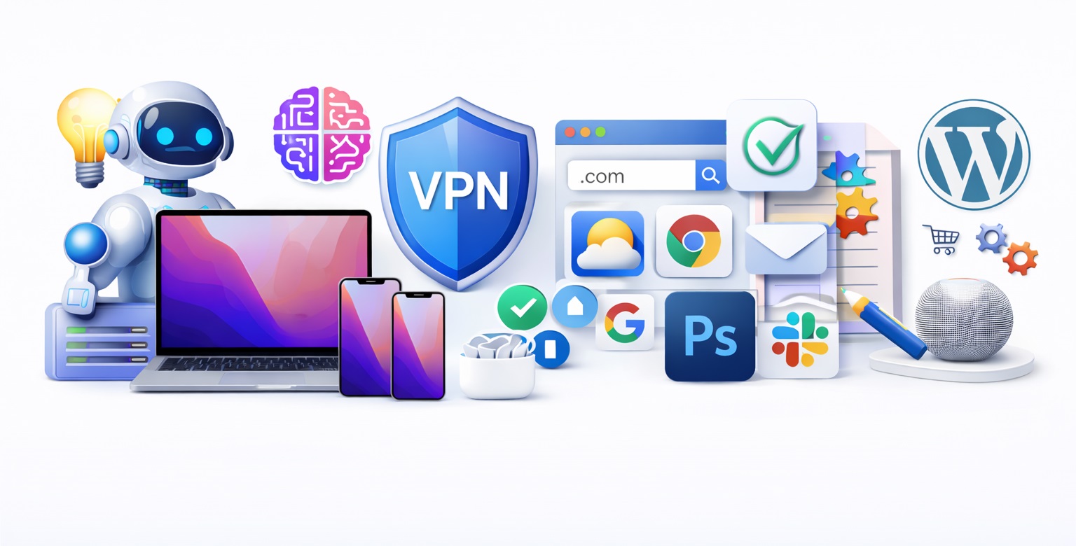 Modern digital products showcase featuring AI tools, web hosting, VPN and proxy services, software applications, and WordPress elements arranged on a clean white background.