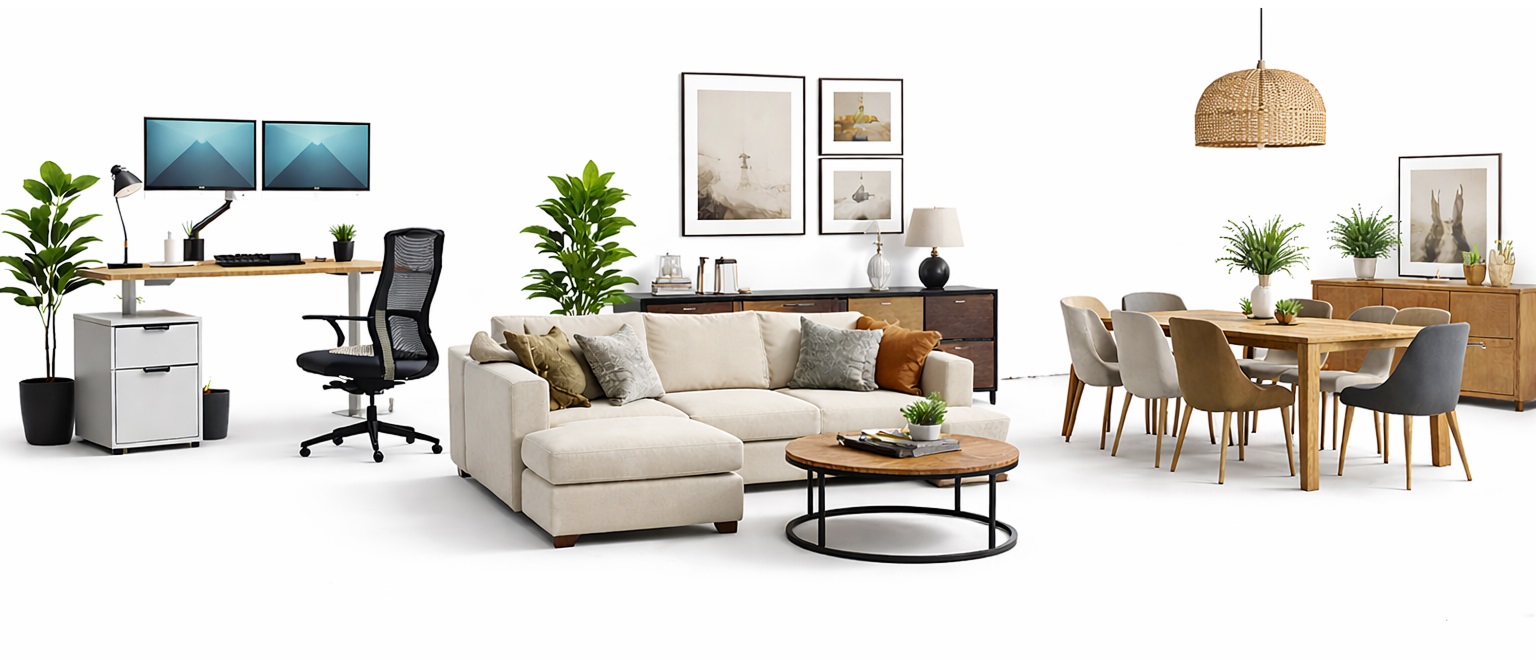 Furniture – Pages – Banner Image Luxury modern furniture set featuring premium sectional sofa, marble coffee table, solid wood dining table, designer chairs, and elegant storage units on a clean white background.