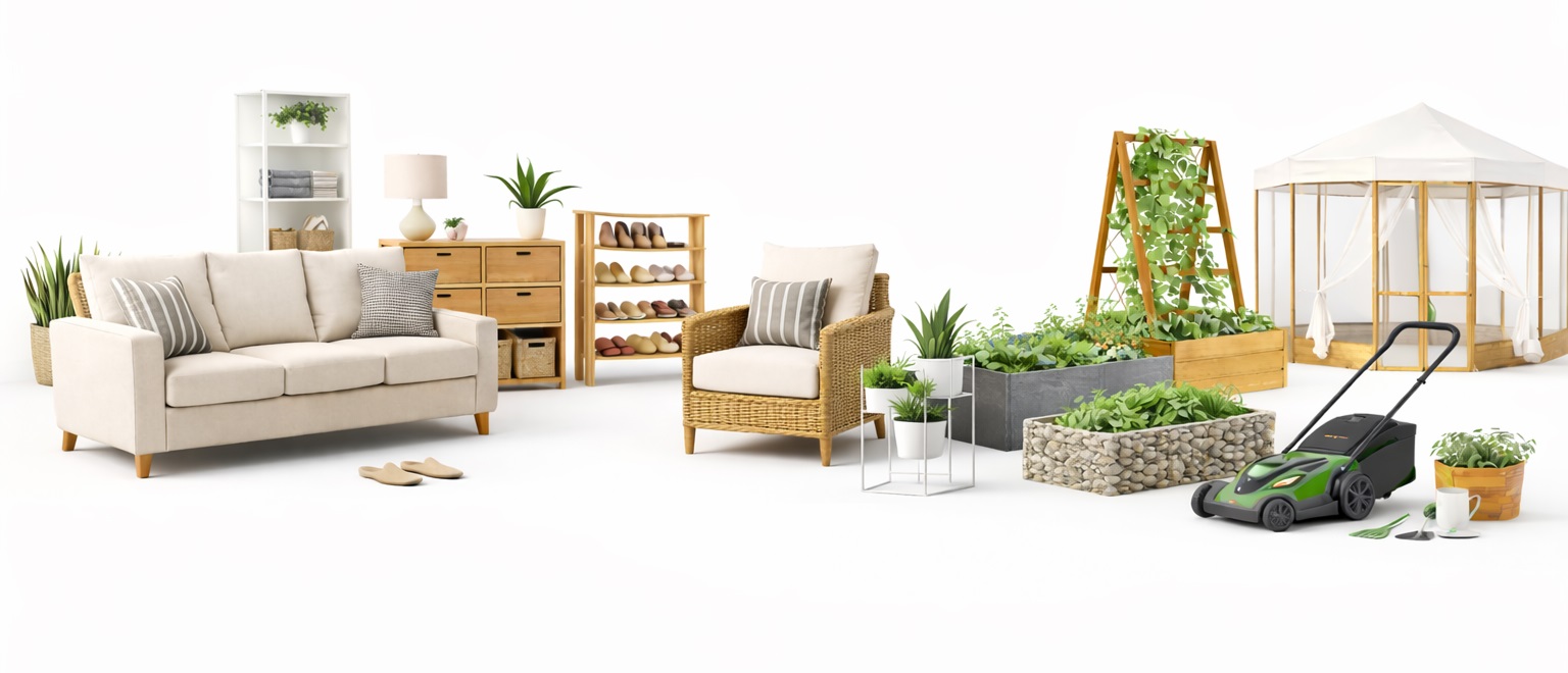 Home and garden category banner featuring large modern sofa set, armchair, indoor storage furniture, raised garden beds, wooden planter boxes, gazebo, and gardening tools on a clean white background.