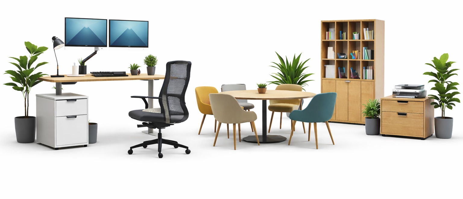Modern office furniture setup with desk, ergonomic chair, meeting table, storage cabinet, and bookshelf on a clean white background.