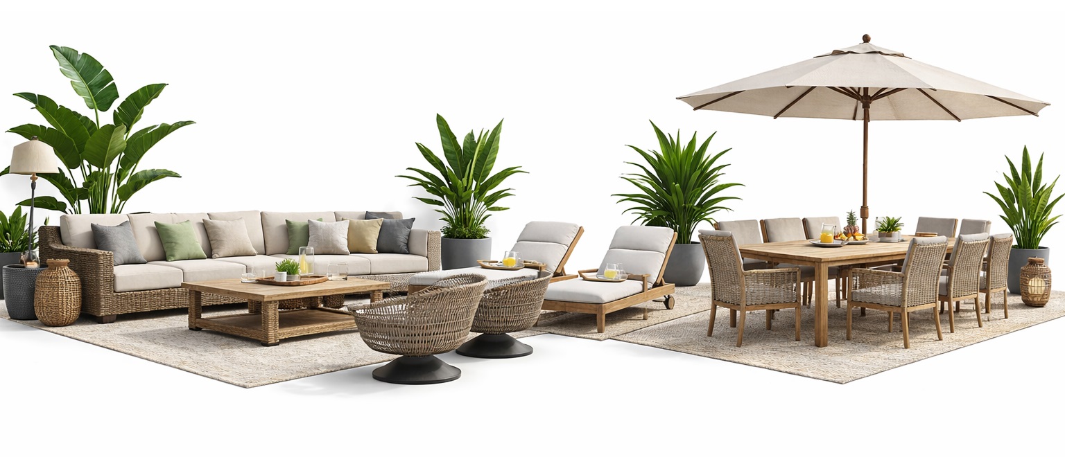 Premium outdoor and patio furniture set with modern sofa, lounge chairs, dining table, umbrella, and decorative plants on a clean white background.