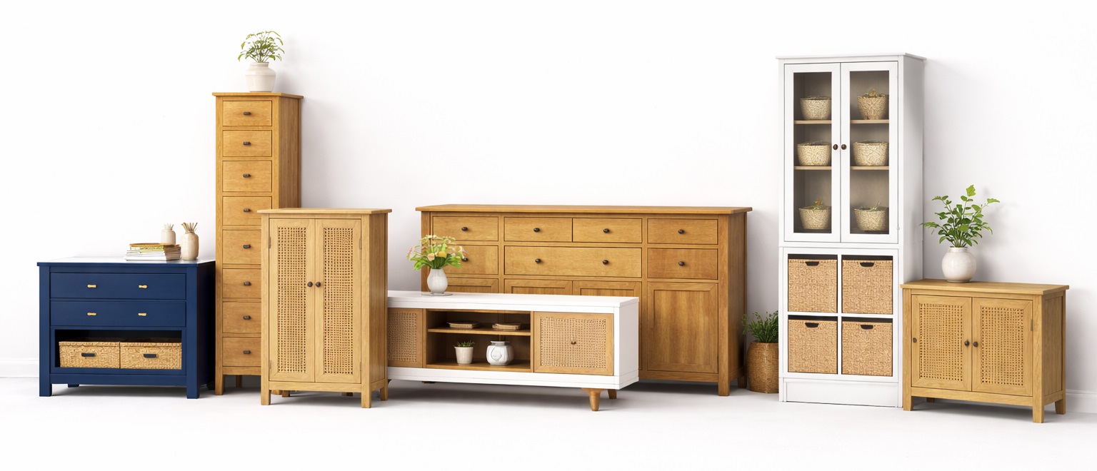 Premium storage and cabinet furniture arranged in a layered scene, featuring sideboards, display cabinets, TV cabinets, and storage units on a clean white background.