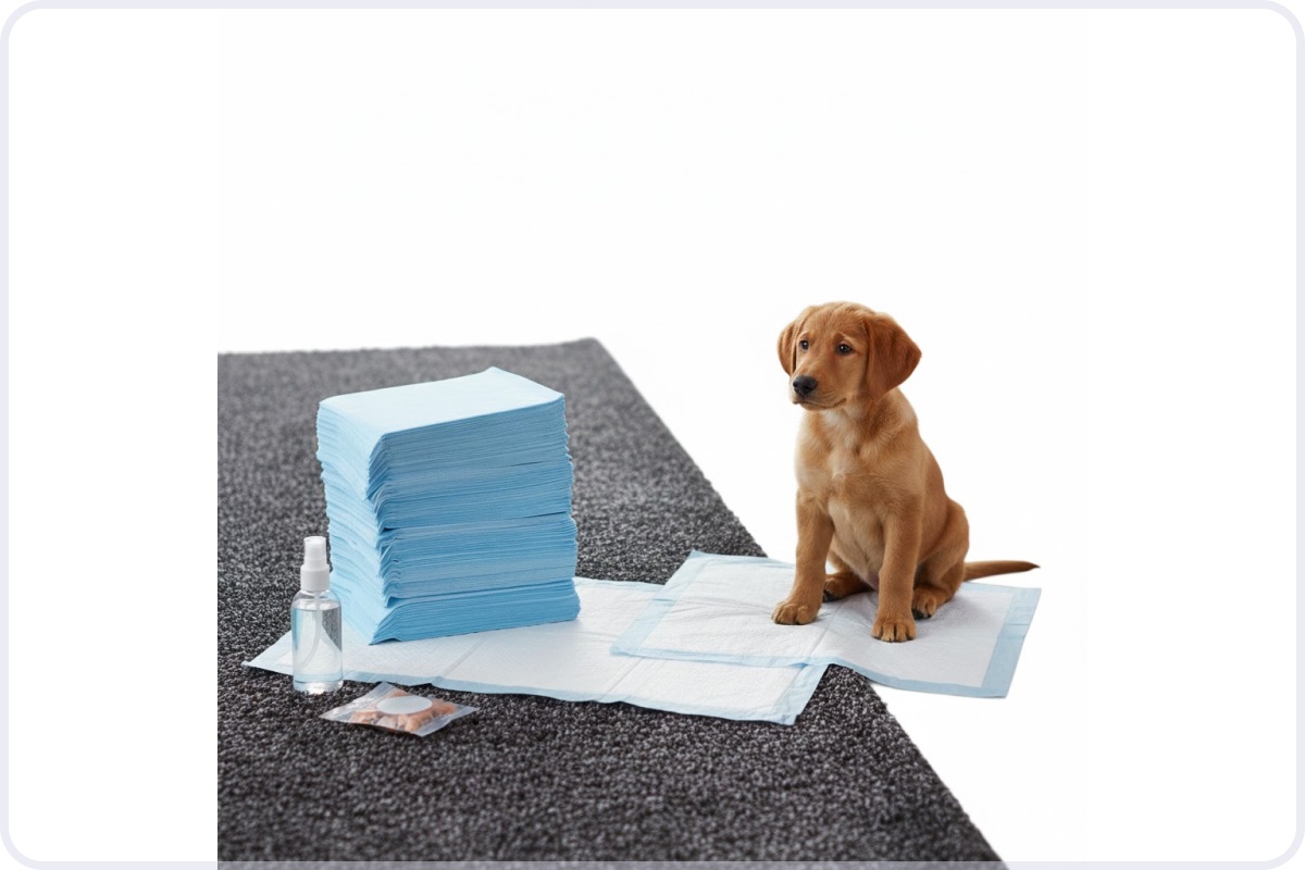 Amazon Basics Dog Training Pads shown in a large size for puppy training on a clean, textured surface.