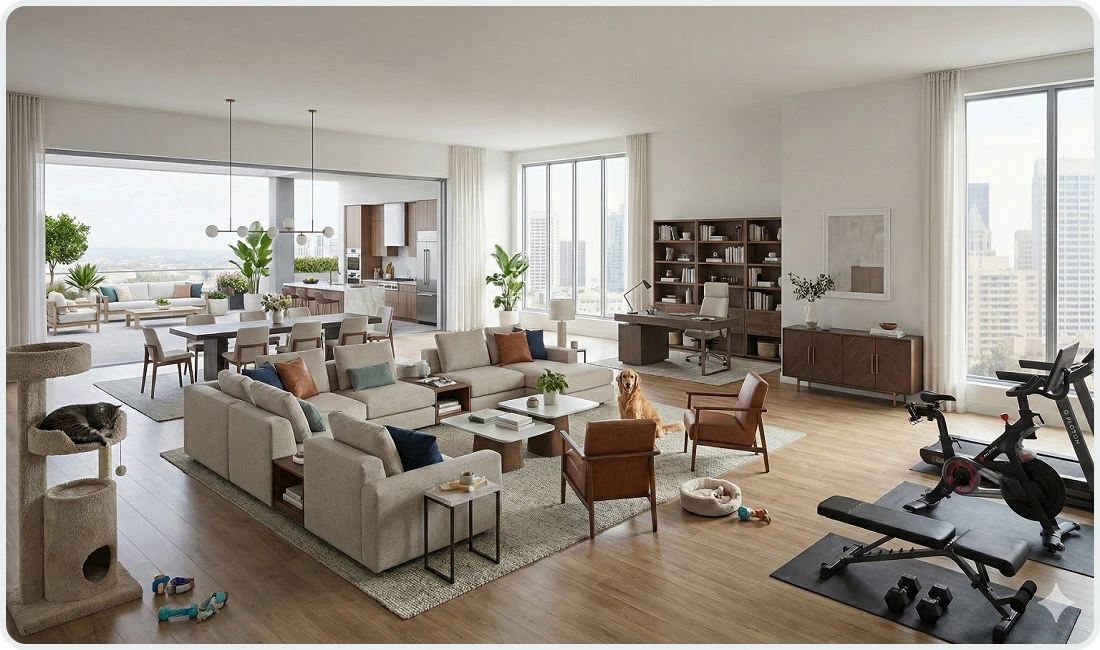 Expansive luxury open-plan apartment features a modern living room with sectional sofa and pets, a home office, dining area, kitchen, home gym equipment, and a large patio with city skyline views.