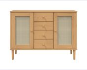Front view of vidaXL brown solid pine wood sideboard with woven poly rattan door detail.