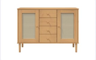 Front view of vidaXL brown solid pine wood sideboard with woven poly rattan door detail.