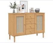 Styled Boho living room featuring the vidaXL rattan sideboard with macrame and plants.