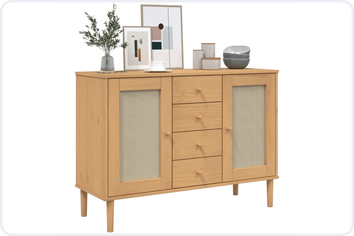 Styled Boho living room featuring the vidaXL rattan sideboard with macrame and plants.