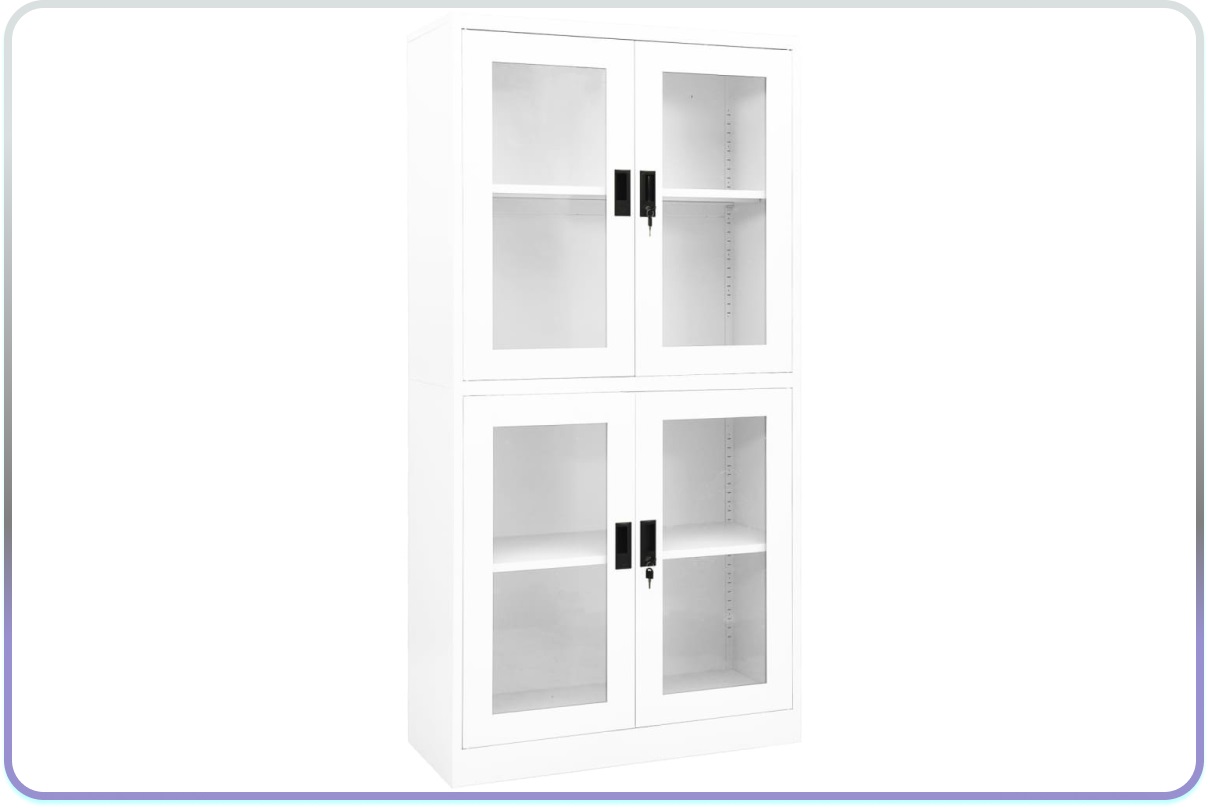 White steel office cabinet by vidaXL with tempered glass doors for organized workspace storage.