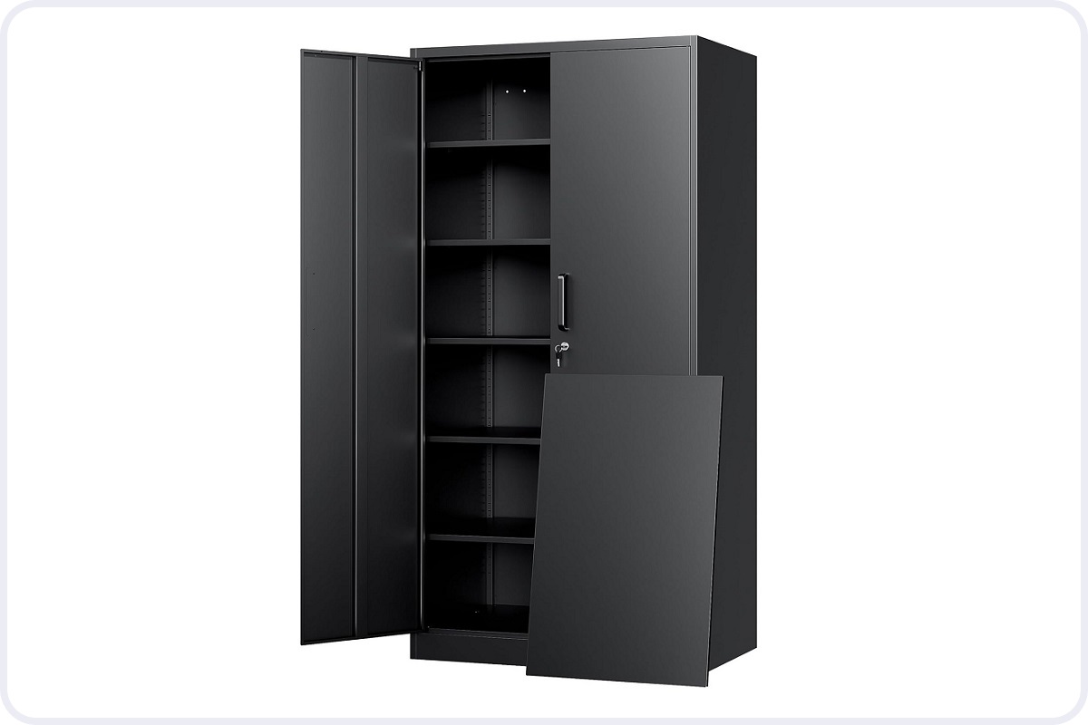 Yizosh metal storage cabinet 72-inch in black office, home, garage organization.