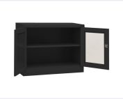 Interior View Of VidaXL Anthracite Office Cabinet With Open Glass Doors.