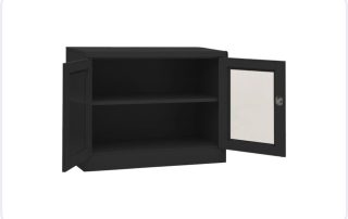 Interior View Of VidaXL Anthracite Office Cabinet With Open Glass Doors.