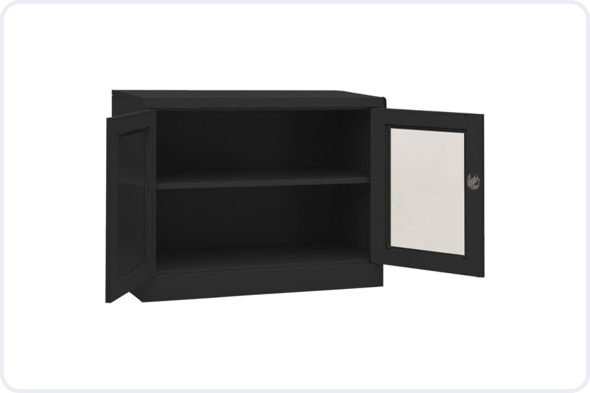 Interior View Of VidaXL Anthracite Office Cabinet With Open Glass Doors.