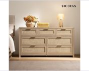 7 drawer dresser featuring natural reclaimed oak wood, authentic boho rattan drawer fronts, and golden handles in a modern US bedroom.