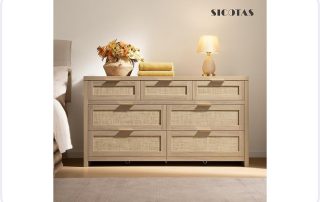 7 drawer dresser featuring natural reclaimed oak wood, authentic boho rattan drawer fronts, and golden handles in a modern US bedroom.